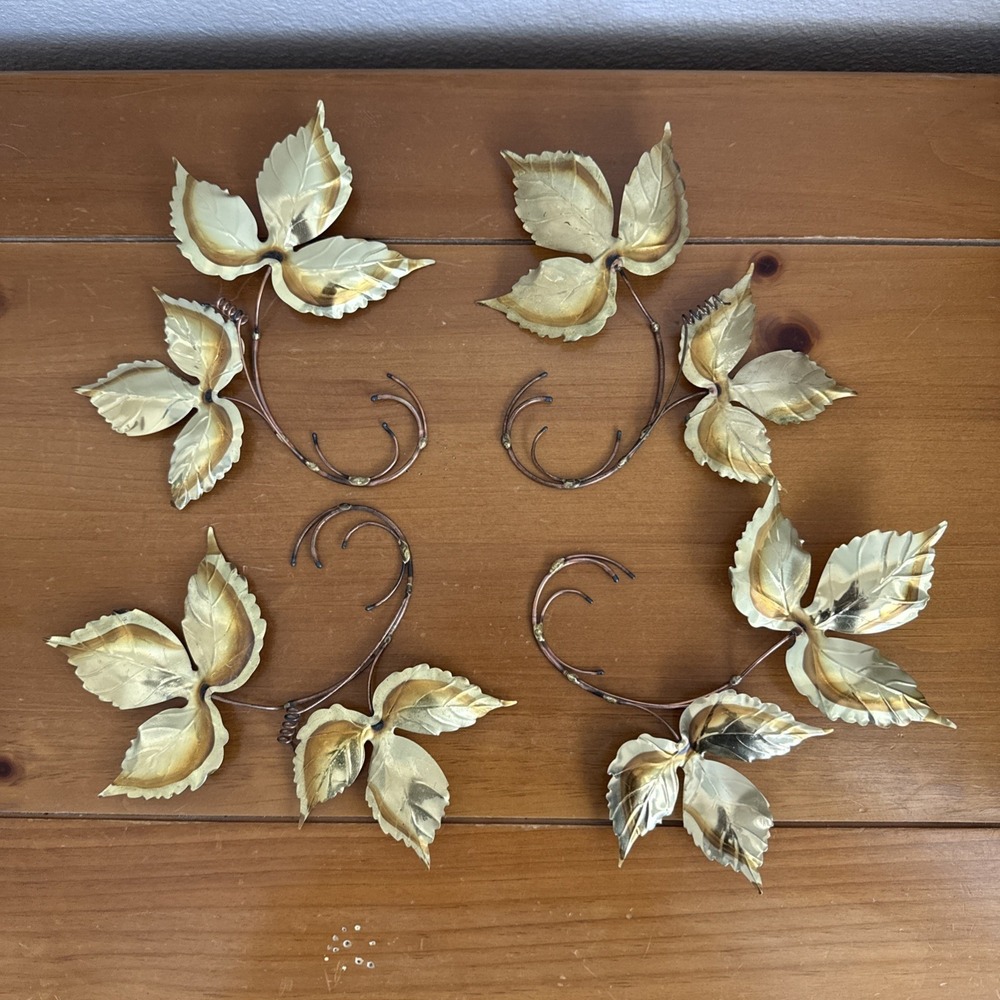 Lot-4 Vintage Brass Gold Tone Metal Leaves Wall Decor MCM Home Interiors